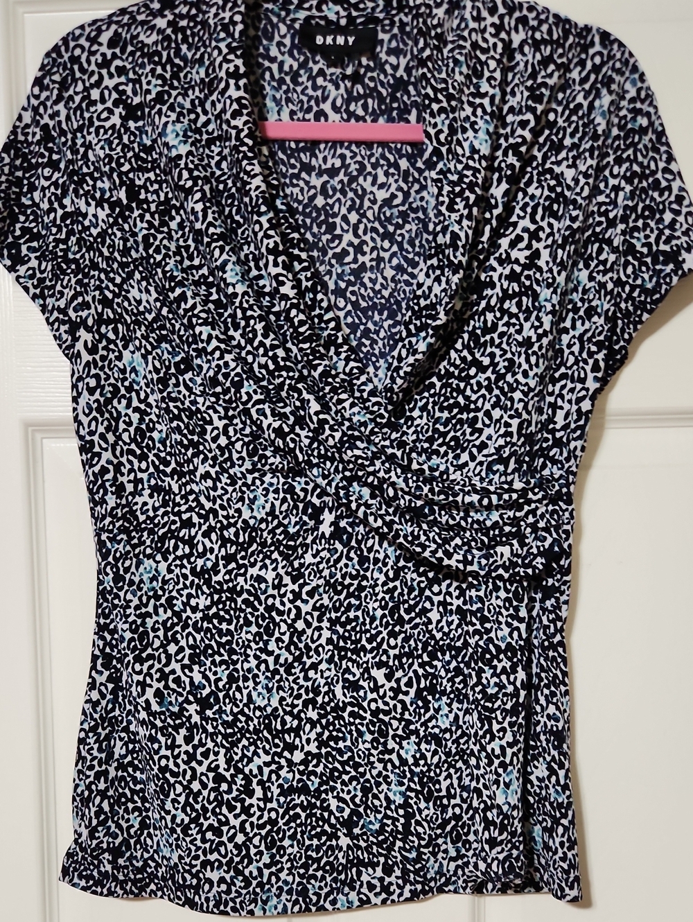 Dkny Black & White Animal Print Surplice Top with Blue Accents